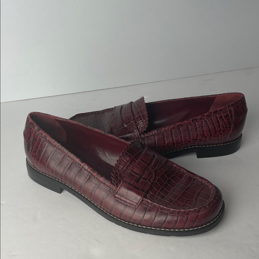 Franco Sarto LMY Women's Burgundy Croc Embossed Leather Red Loafers 6